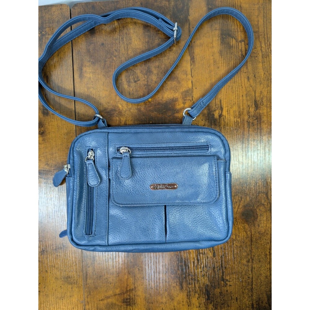 MultiSac Zippy Leather Shoulder Bag Multi Pocket Zippered Cross Body Strap Blue